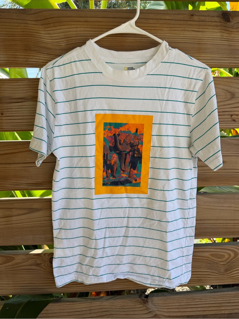 National Geographic White Tee with Teal Stripes & Orange Elephant Graphic